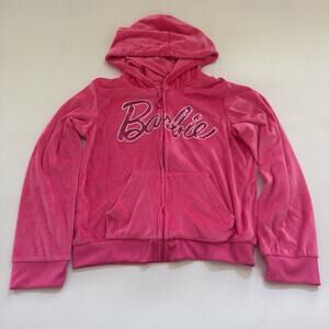 Vintage BARBIE Velour Hoodie Tracksuit Jacket Rare Pink Graphic KID Large Y2K 90